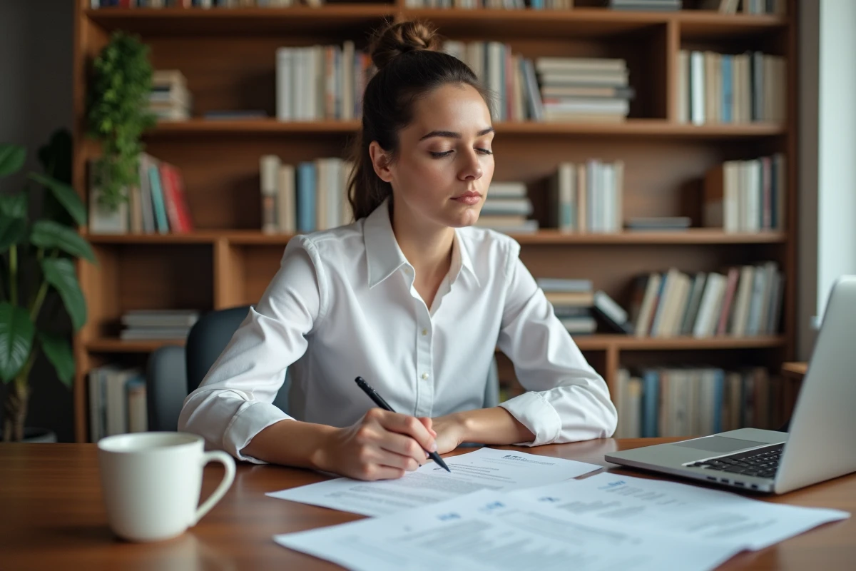 Femme professionnelle relisant son CV à son bureau à domicile, entourée d'un environnement de travail organisé