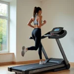 Femme utilisant un tapis de course Sportstech F17 dans une salle de sport à domicile moderne