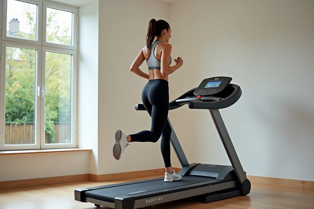 Femme utilisant un tapis de course Sportstech F17 dans une salle de sport à domicile moderne