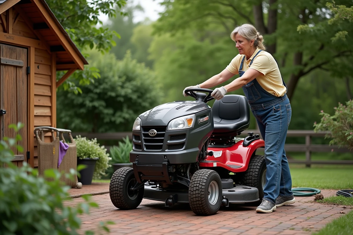 Femme teste un lift de tondeuse dans le jardin