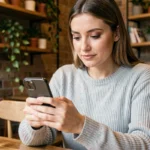 Femme utilisant une application mobile sur smartphone dans un café, illustrant l'utilisation sécurisée de Sparh sur mobile