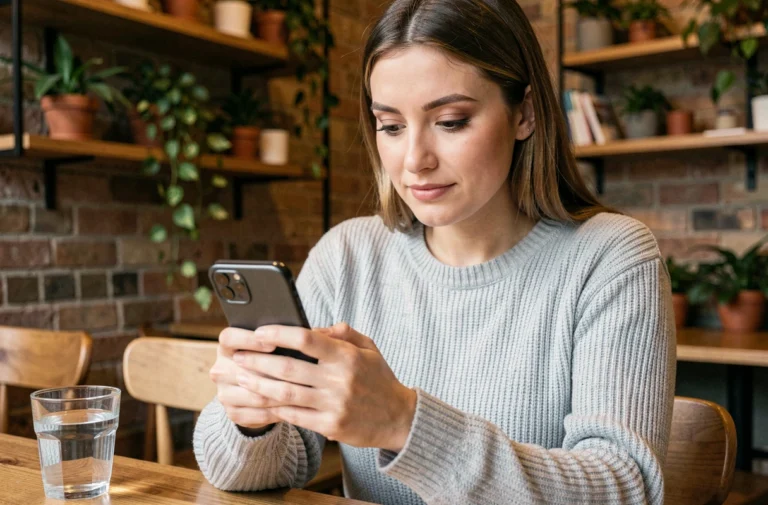 Femme utilisant une application mobile sur smartphone dans un café, illustrant l'utilisation sécurisée de Sparh sur mobile
