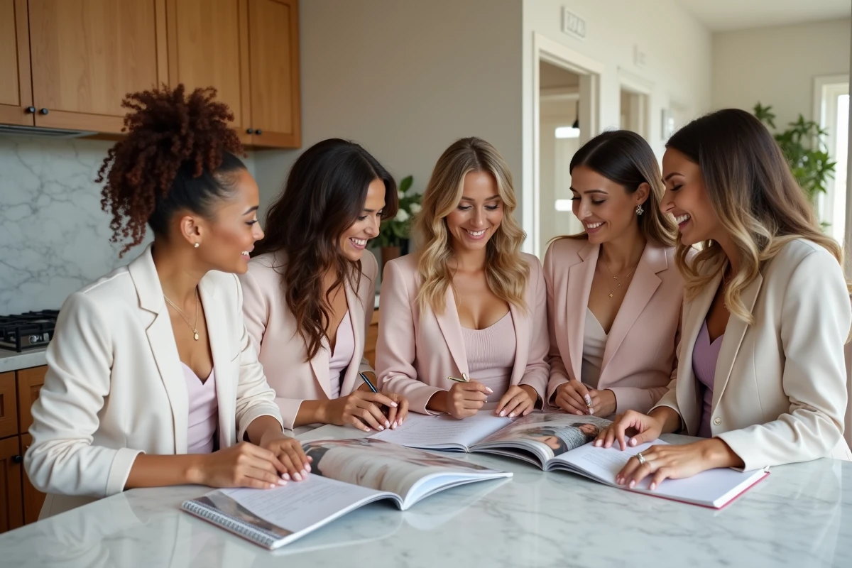 Femmes discutant autour de magazines de mariage dans une cuisine
