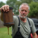 Homme examine un filtre à air huileux de tondeuse