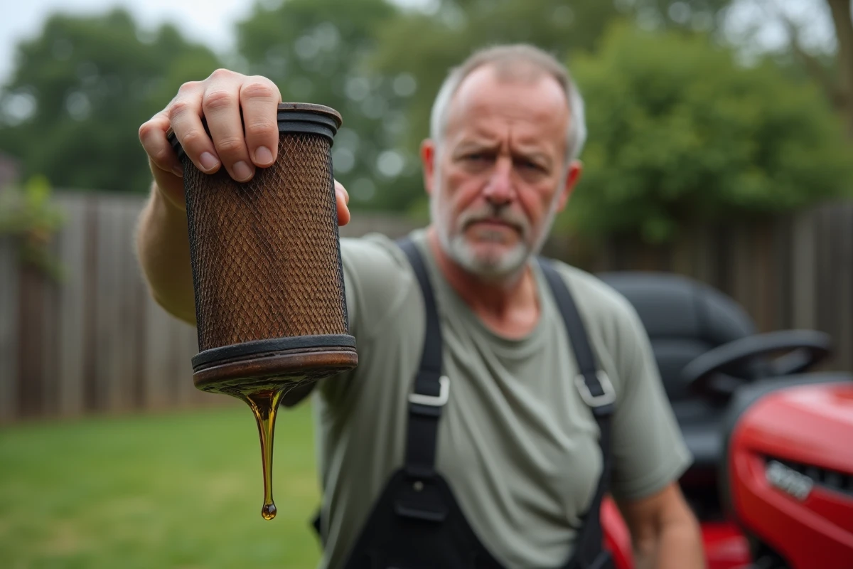 Homme examine un filtre à air huileux de tondeuse