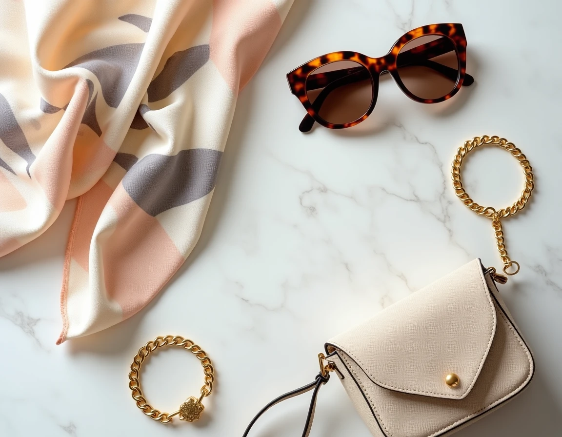 Flat lay d'accessoires tendance sur marbre : foulard en soie, lunettes écaille, bracelet doré et sac bandoulière beige