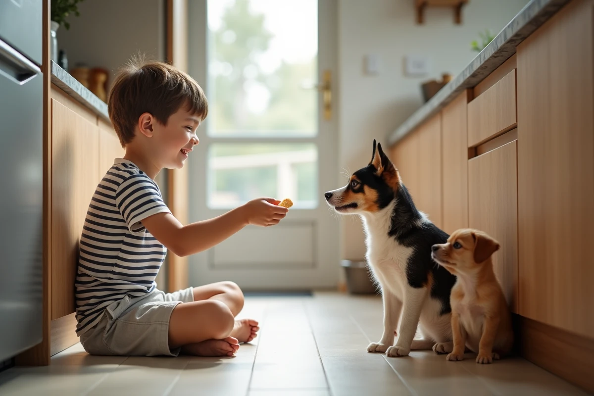Garçon de 8 ans offrant une friandise à un chat et un chien