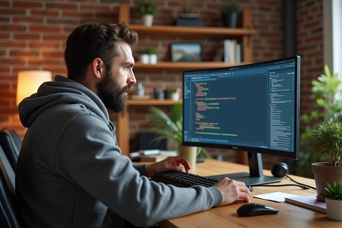 Homme utilisant un gestionnaire de mots de passe sur son ordinateur de bureau à domicile pour améliorer ses pratiques de sécurité numérique au quotidien