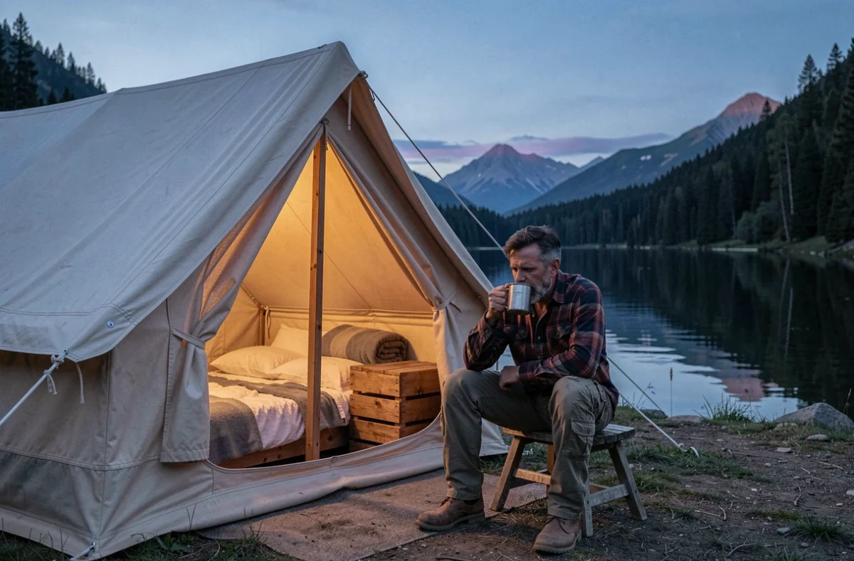 Homme en séjour glamping au bord d'un lac de montagne sous un ciel crépusculaire