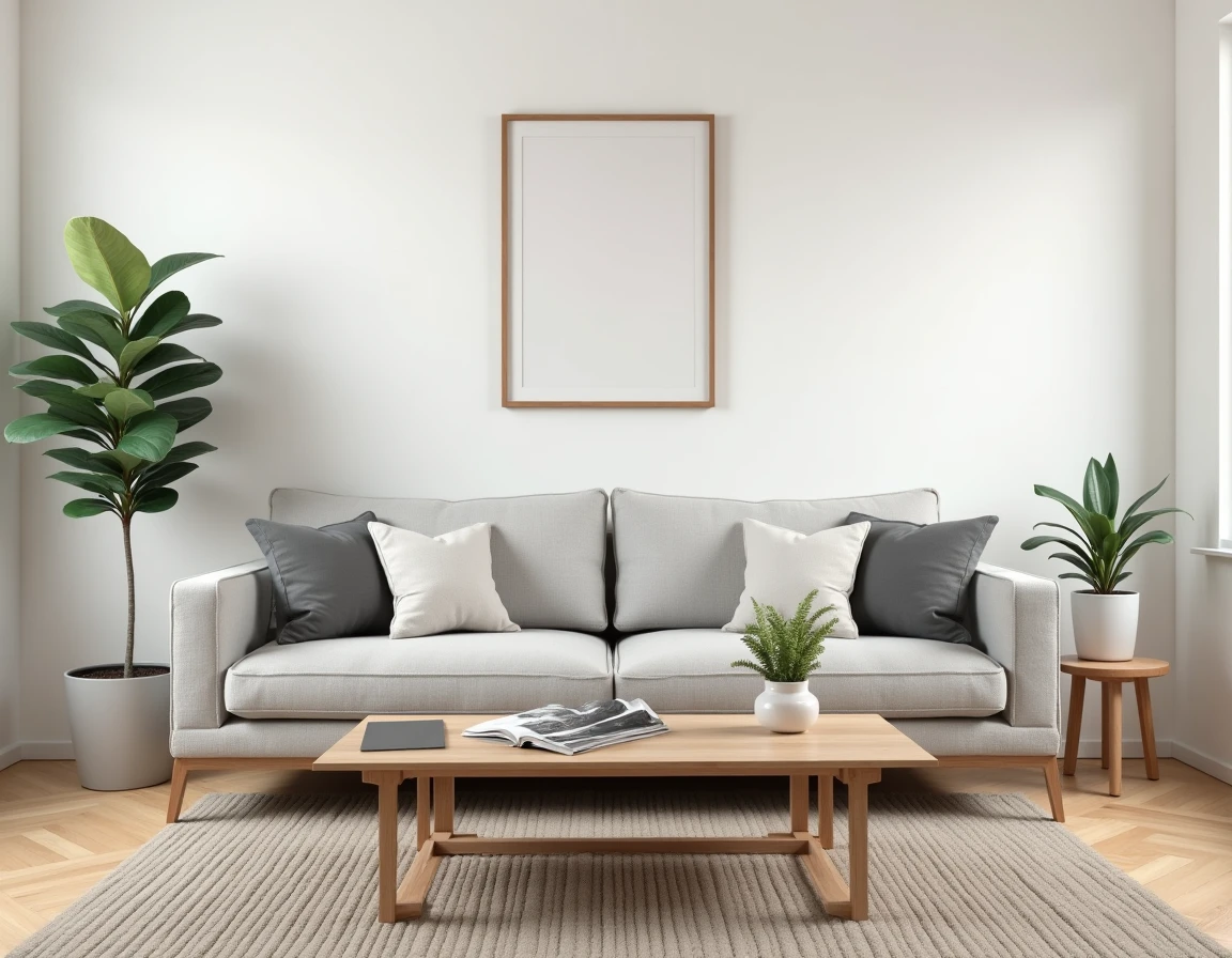 Salon bien décoré et mis en scène pour la vente d'une maison avec mobilier neutre et brochure immobilière sur la table basse