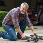 Homme en jeans assemble un lift de tondeuse maison