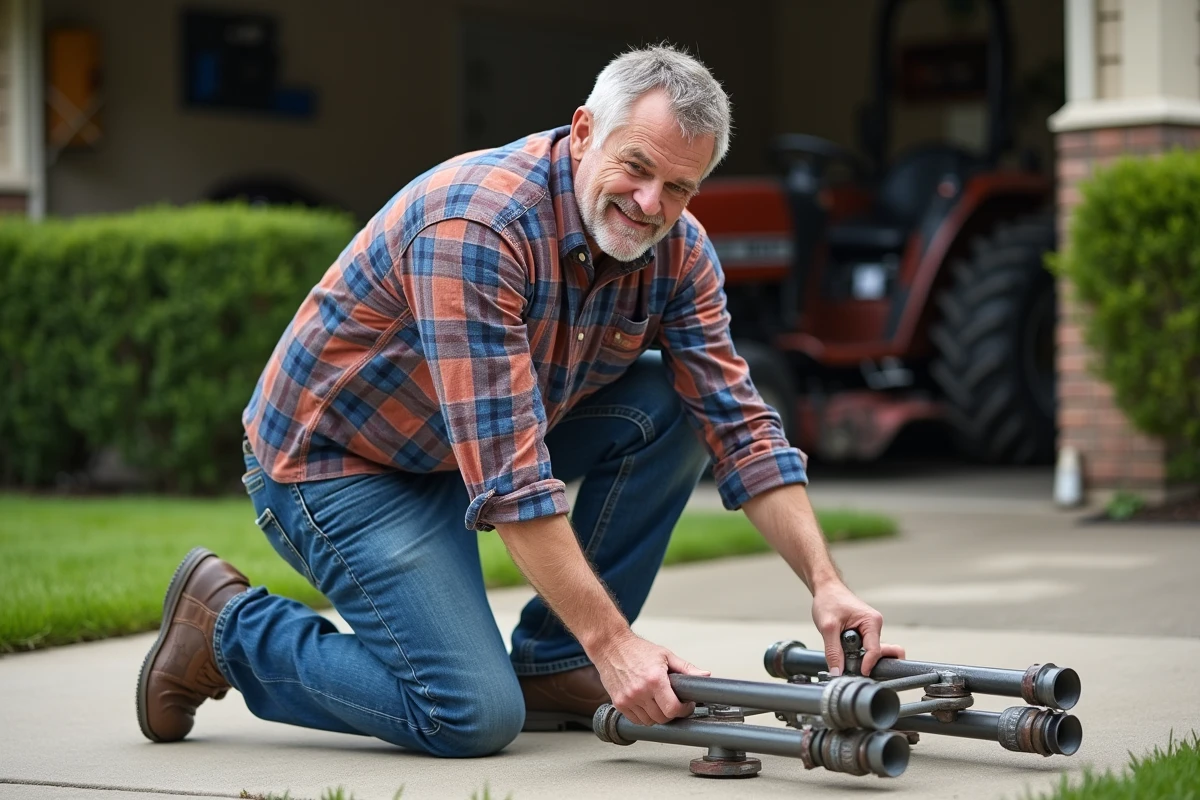 Homme en jeans assemble un lift de tondeuse maison