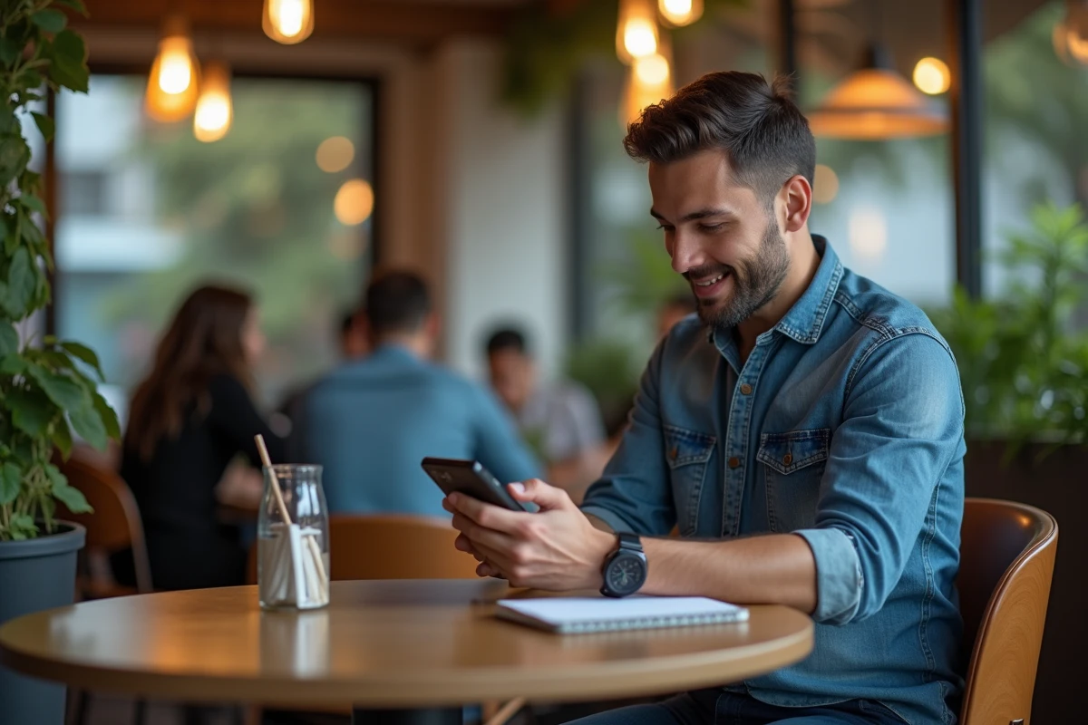 Homme au café vérifiant ses actualités sur smartphone