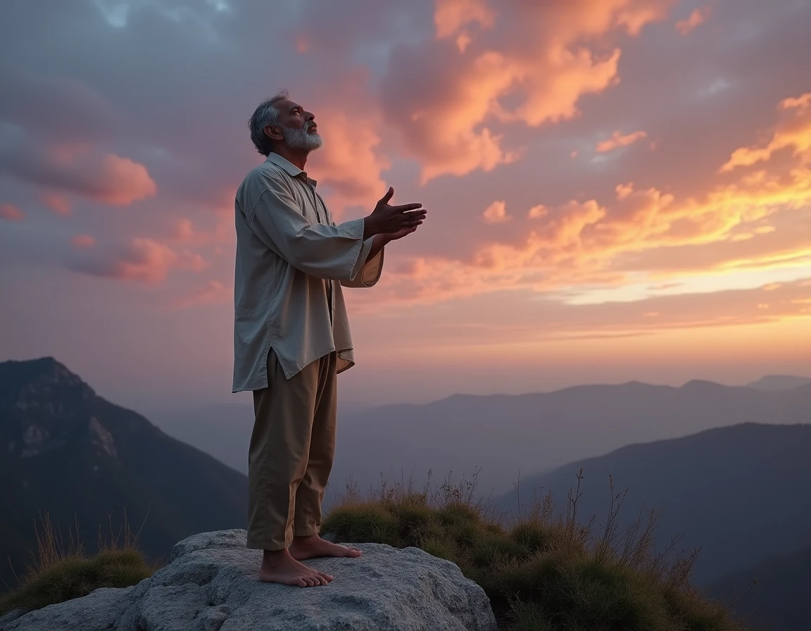 Vieil homme en contemplation spirituelle au sommet d'une montagne sous un ciel crépusculaire évoquant les sept sphères cosmiques