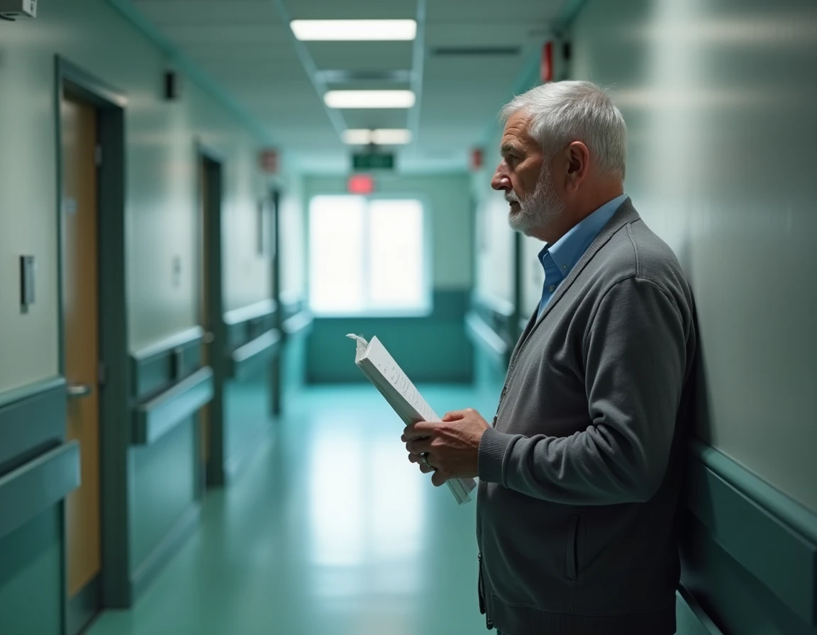 Homme âgé debout seul dans un couloir d'hôpital tenant un document, évoquant une confrontation personnelle avec la maladie et le regard public