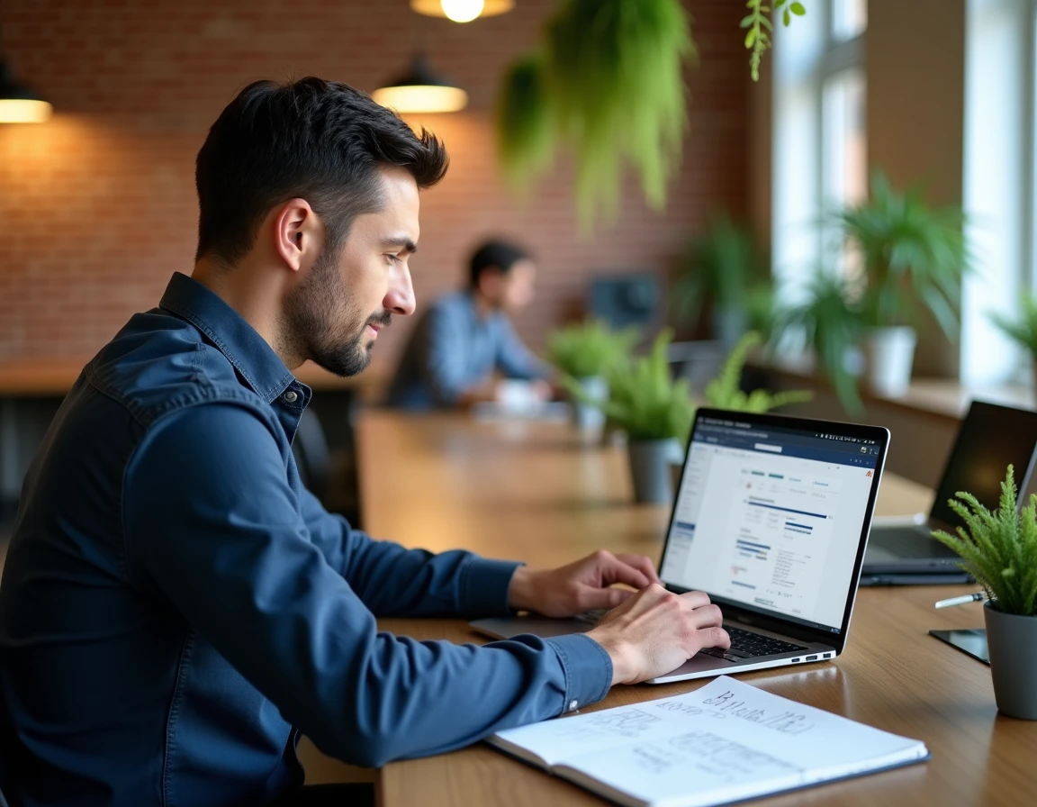 Homme professionnel travaillant sur la création d'un site web dans un espace de coworking avec des notes SEO manuscrites