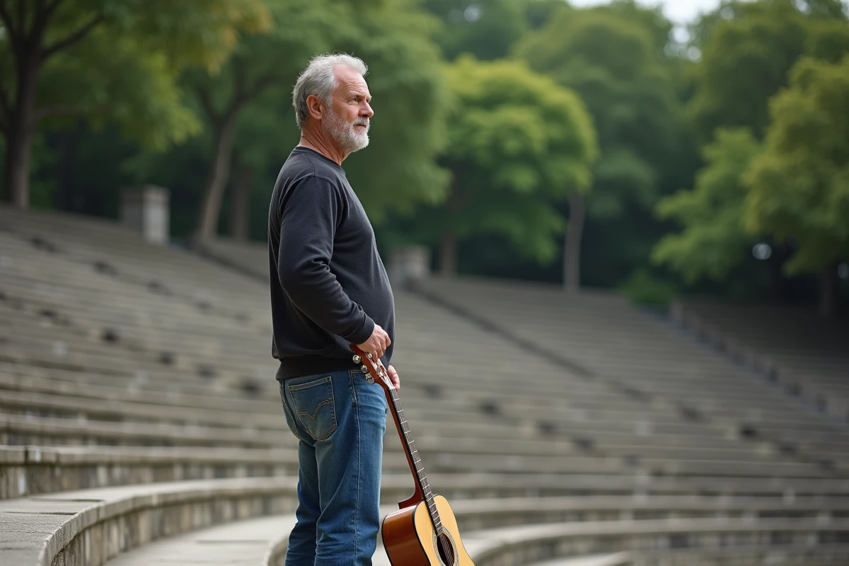 Homme mature avec guitare dans un amphithéâtre extérieur