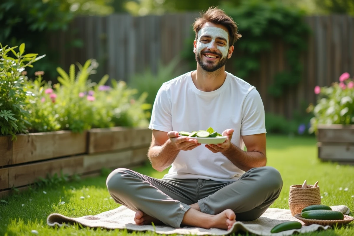 Jeune homme préparant un masque visage dans un jardin verdoyant