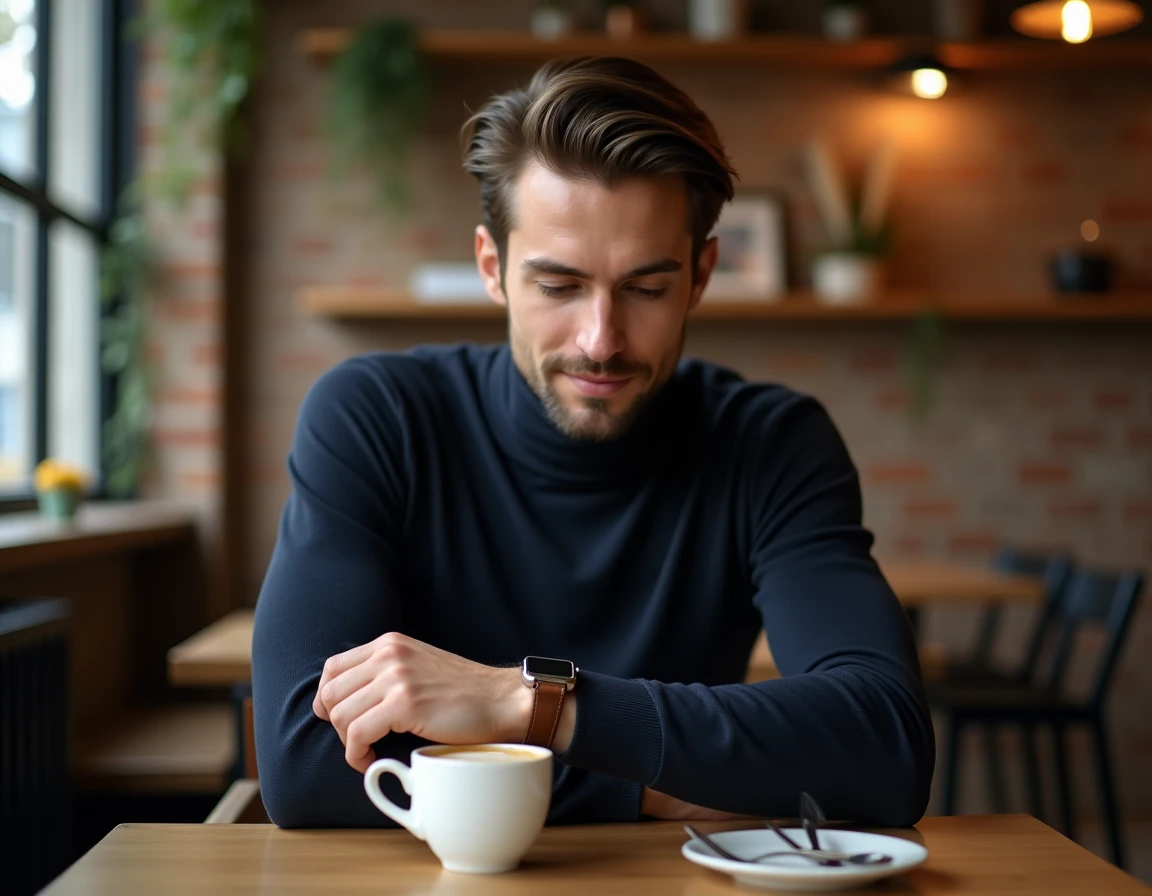 Jeune homme élégant ajustant une montre en cuir minimaliste dans un café urbain avec ambiance chaleureuse