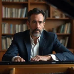 Homme d'âge moyen au piano dans un salon chaleureux