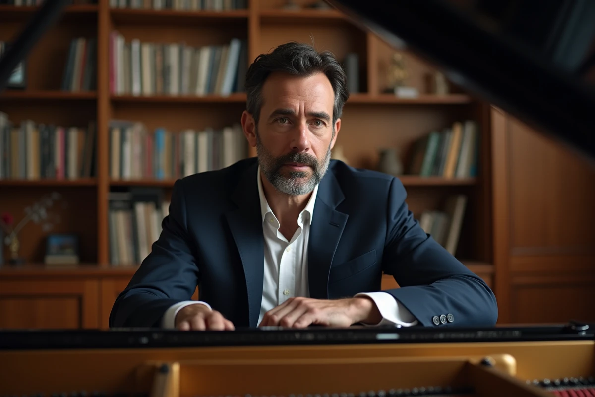Homme d'âge moyen au piano dans un salon chaleureux