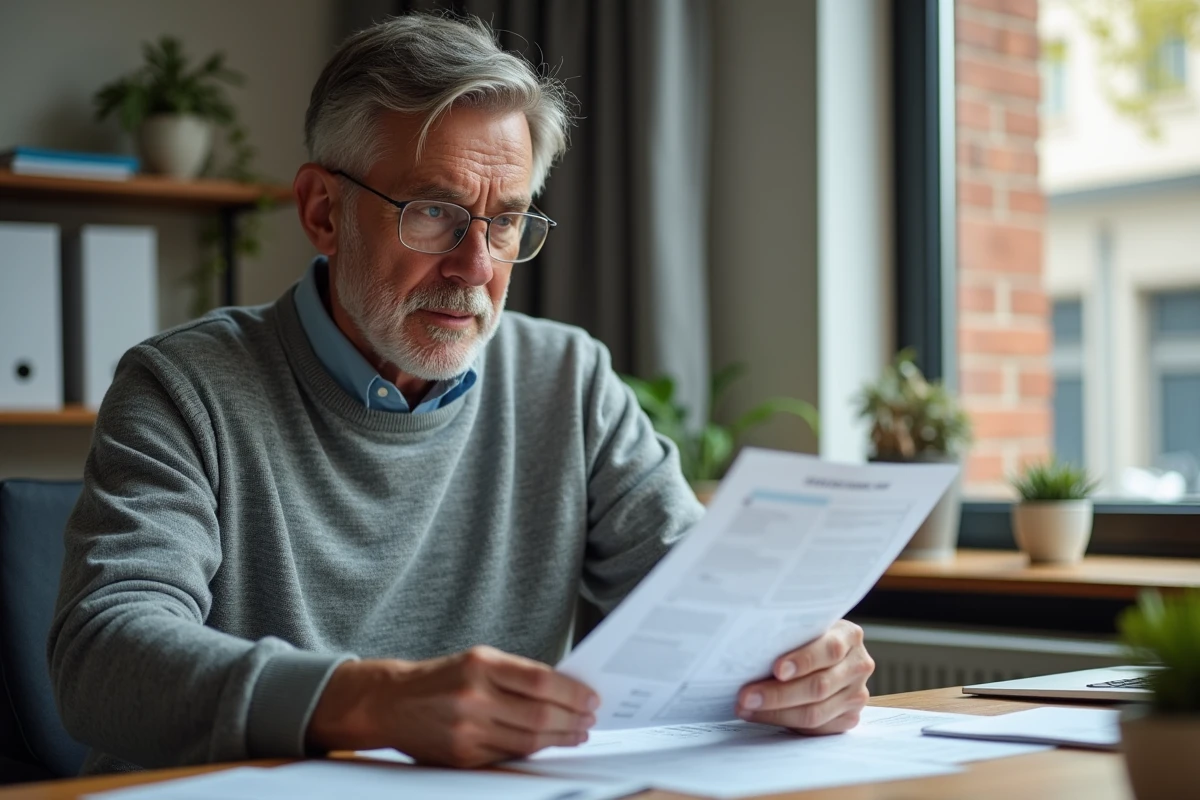 Homme d age moyen examinant un rapport immobilier dans un bureau