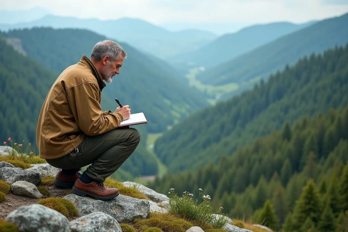 Homme en randonnée contemplant la vallée verte