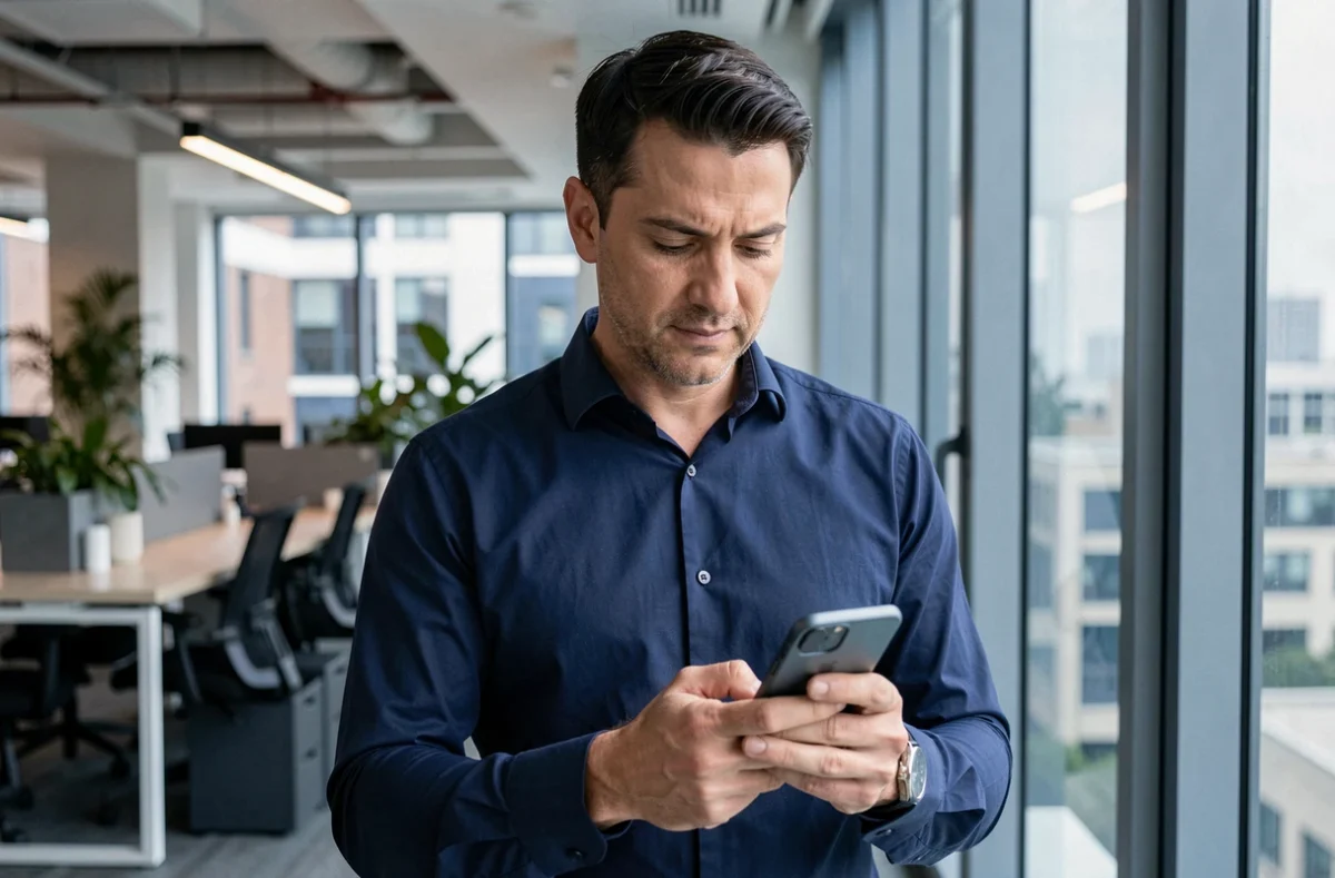 Homme consultant une application de sécurité sur son téléphone dans un bureau moderne, utilisation sereine de Sparh en milieu professionnel