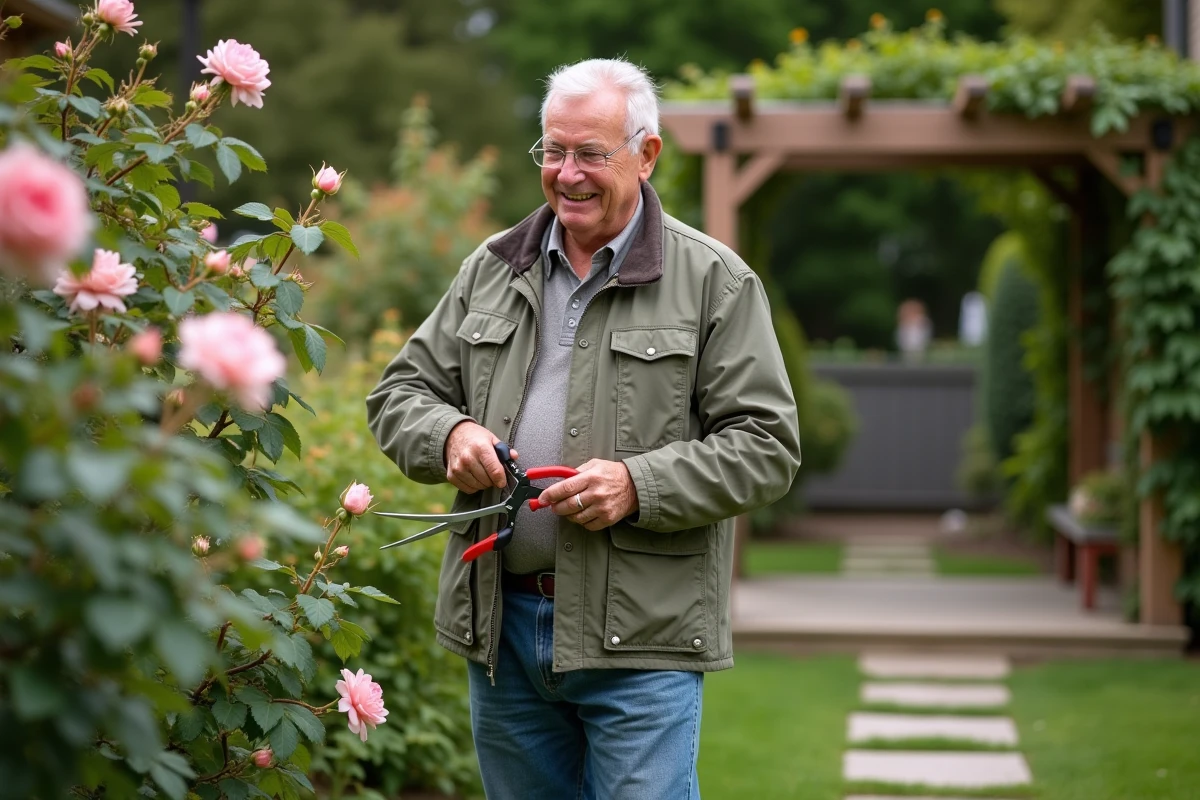 Homme âgé taillant des rosiers dans son jardin