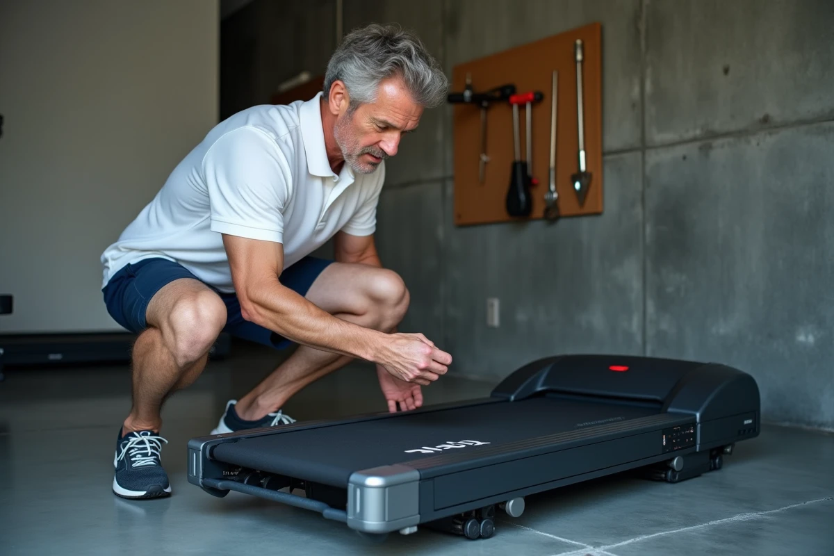 Homme inspectant le mécanisme de pliage et la surface de course du tapis Sportstech F17