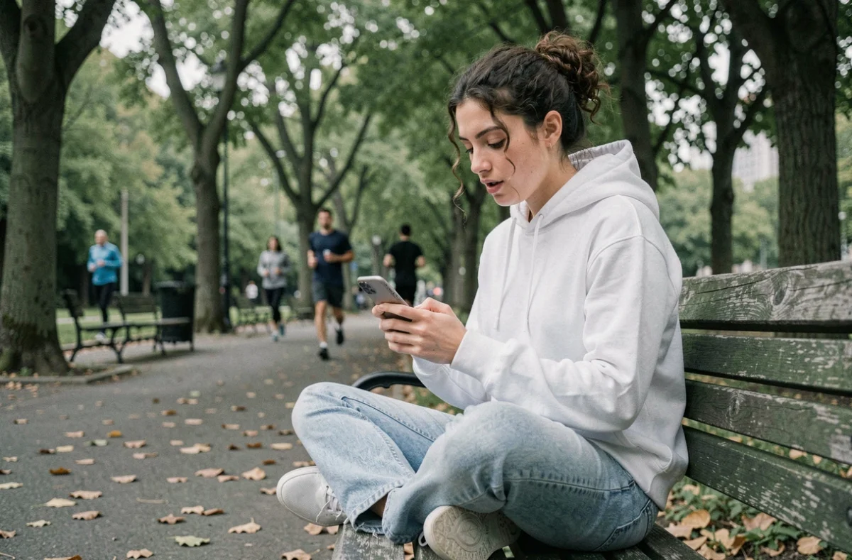 Jeune adulte utilisant son smartphone en toute sérénité dans un parc urbain, illustrant la navigation mobile sécurisée avec Sparh