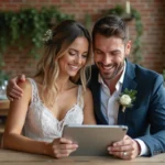 Jeune couple marié dans un loft moderne souriant