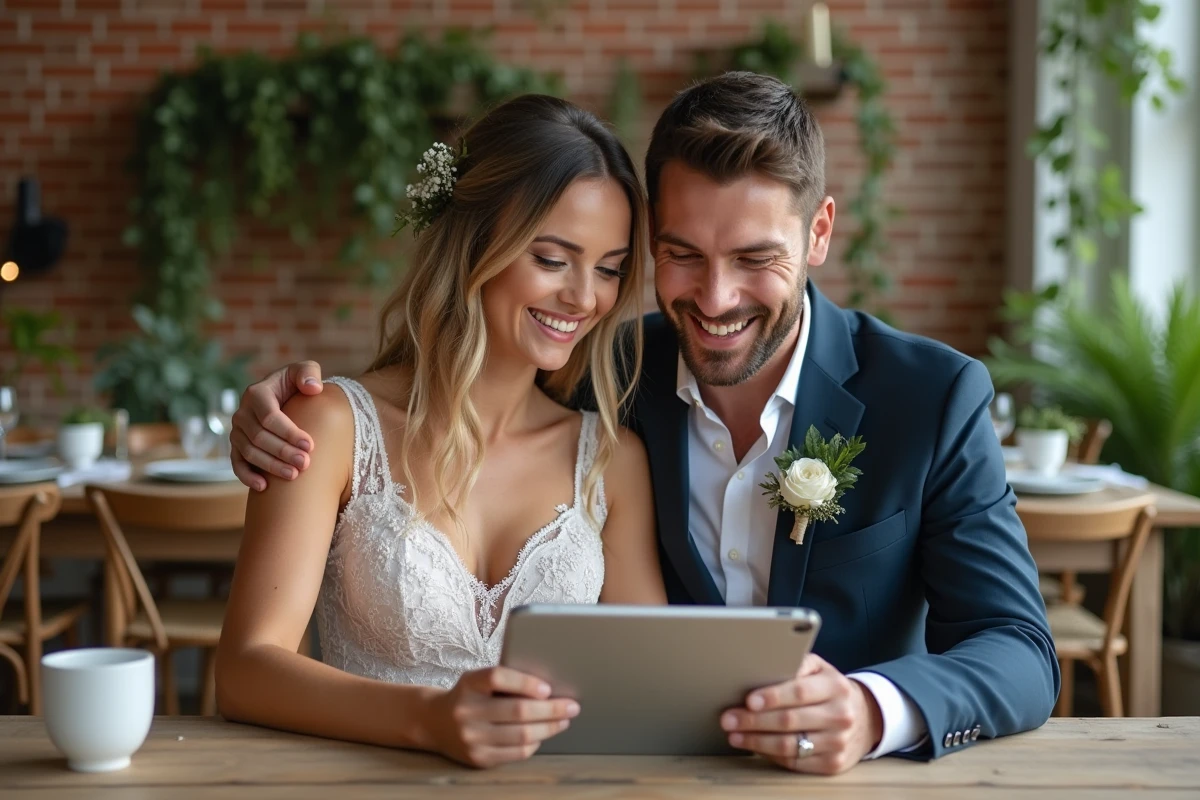 Jeune couple marié dans un loft moderne souriant