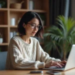 Jeune femme au bureau moderne utilisant un ordinateur portable