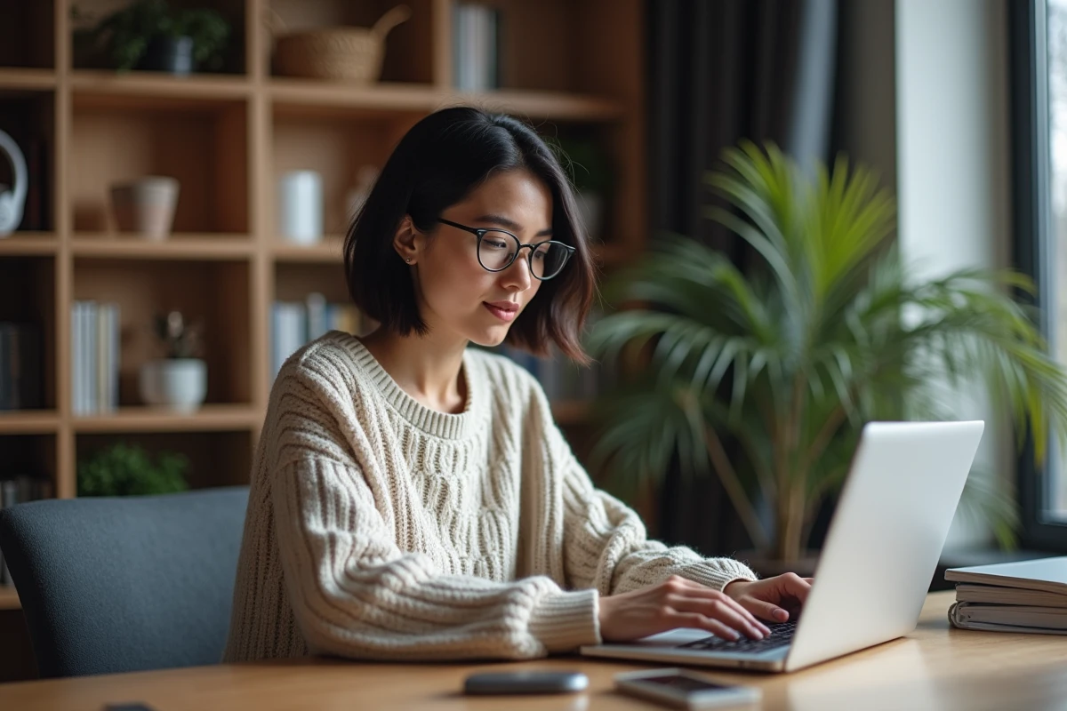 Jeune femme au bureau moderne utilisant un ordinateur portable