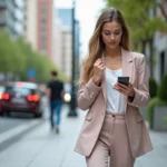 Jeune femme élégante en blazer pastel dans la ville