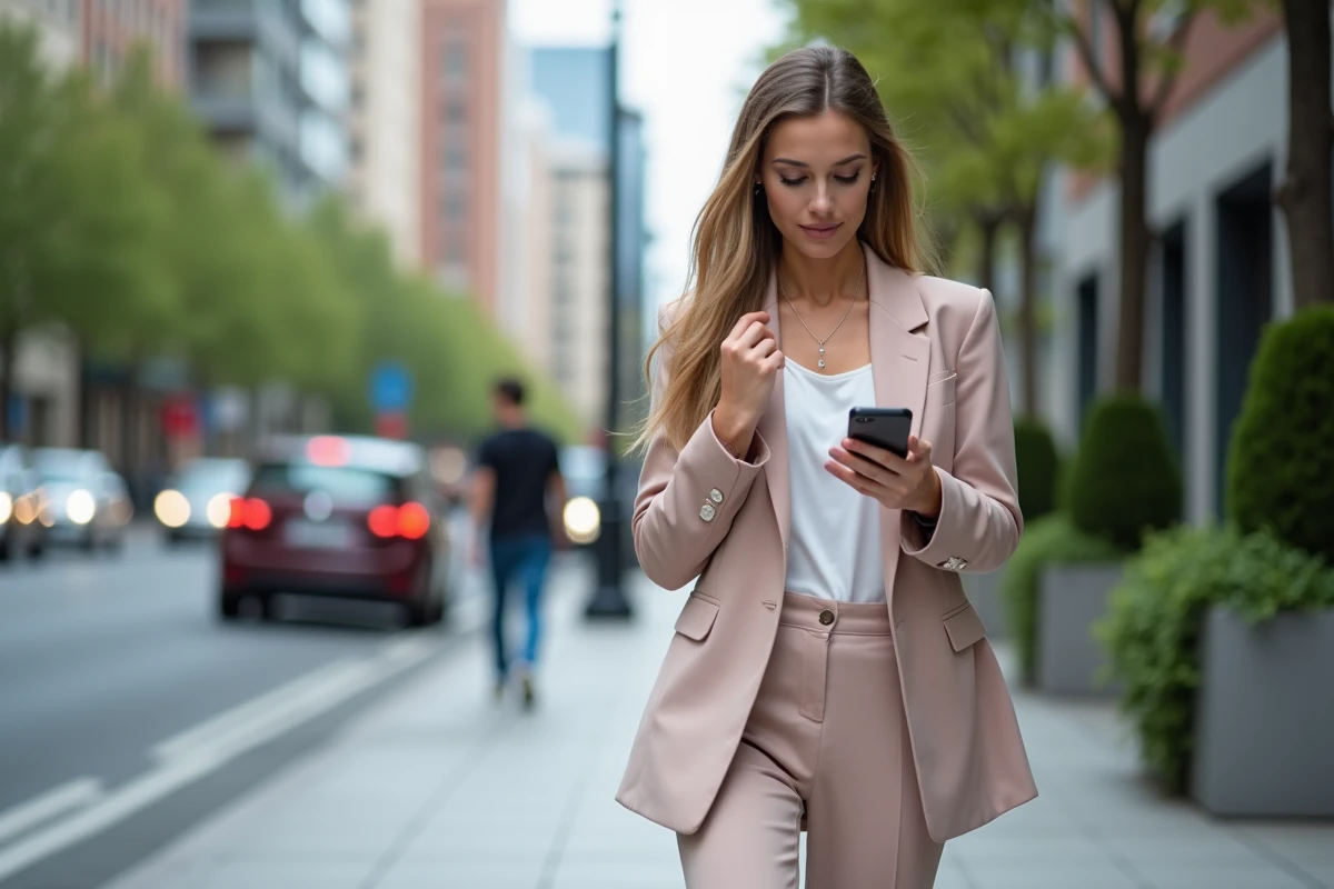 Jeune femme élégante en blazer pastel dans la ville