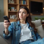 Jeune femme en denim regarde la télé dans un salon cosy