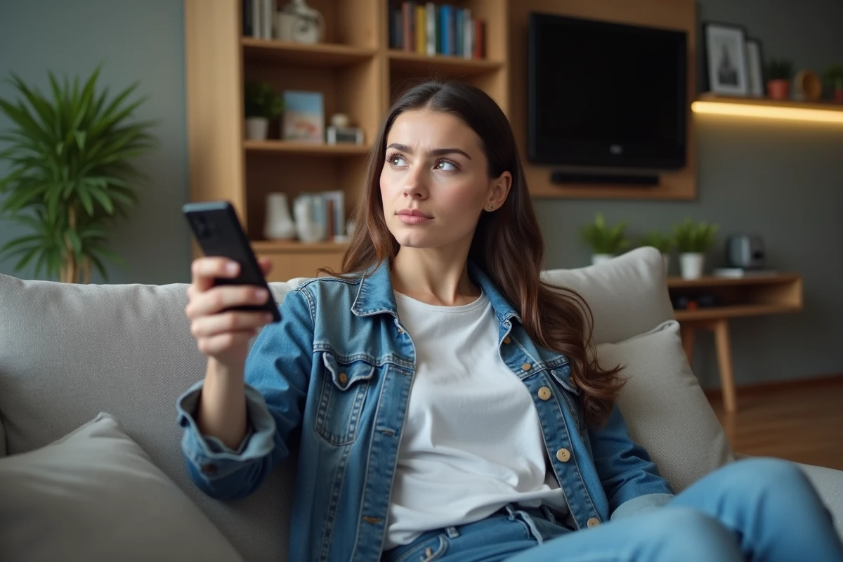 Jeune femme en denim regarde la télé dans un salon cosy