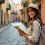 Jeune femme avec carte dans un village européen