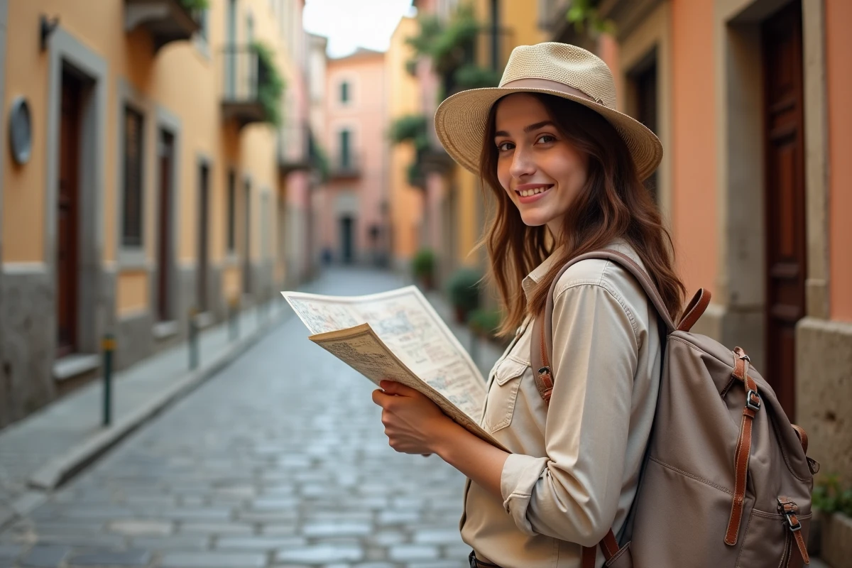 Jeune femme avec carte dans un village européen