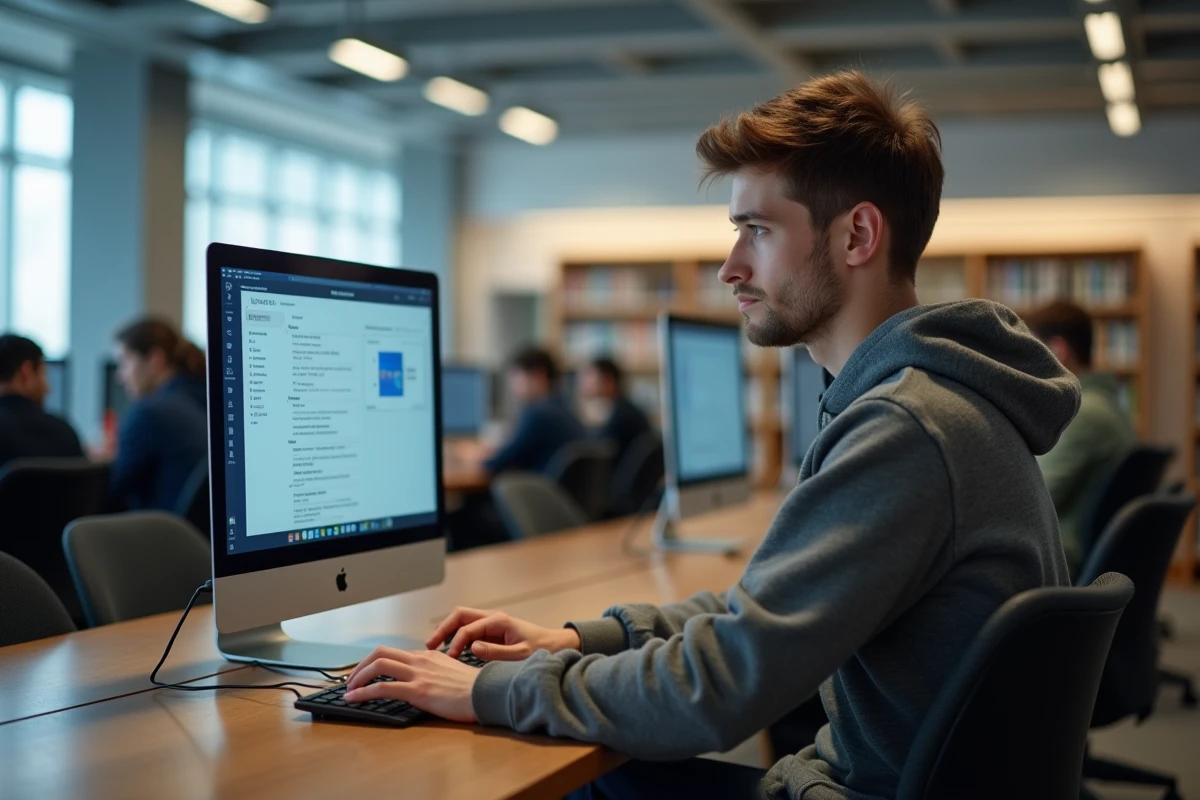 Jeune homme étudiant travaillant à la bibliothèque