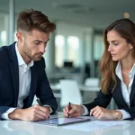 Jeune homme en costume discutant avec une femme au bureau