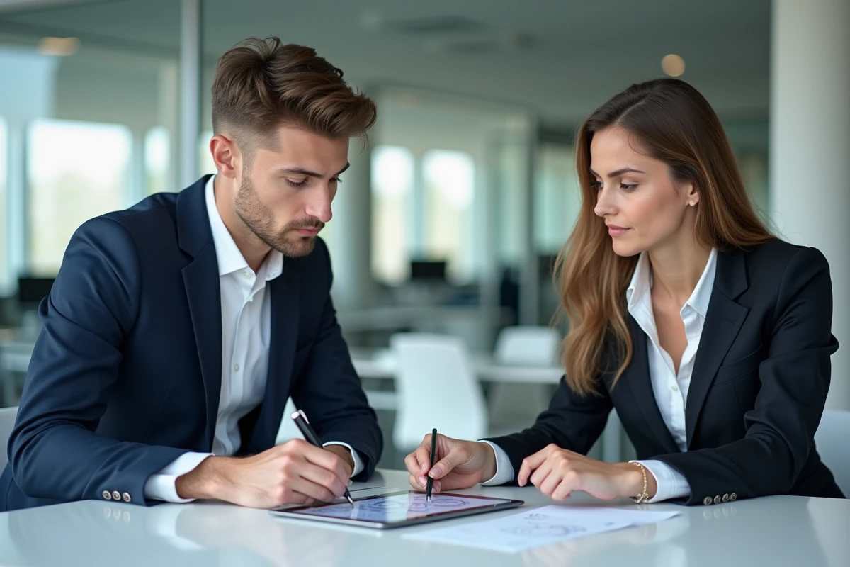 Jeune homme en costume discutant avec une femme au bureau