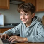 Adolescent souriant utilisant un ordinateur portable dans la cuisine
