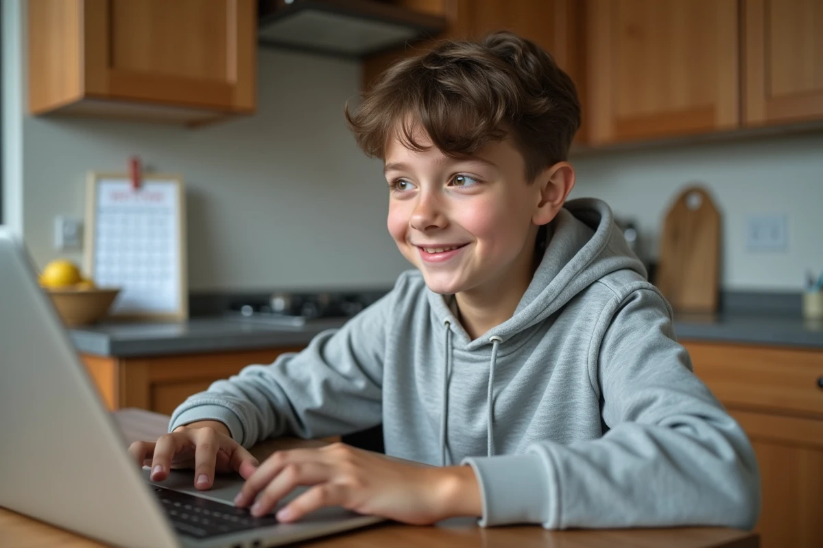 Adolescent souriant utilisant un ordinateur portable dans la cuisine