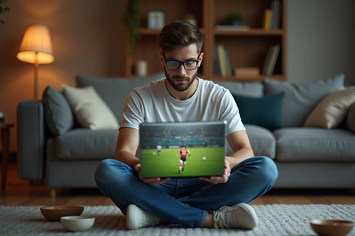 Jeune homme regardant un match de football en streaming