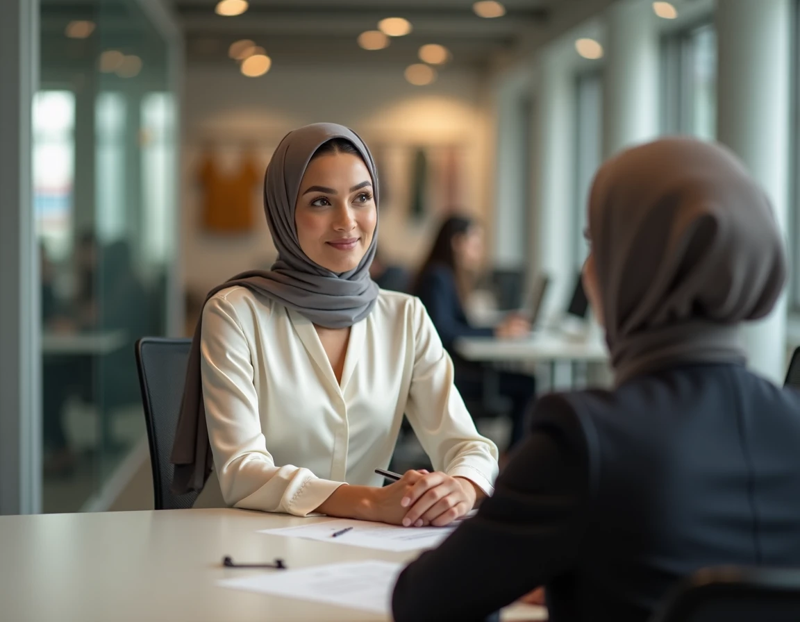 Femme en tenue modest fashion lors d'un entretien avec un agent de mannequinat dans une agence moderne