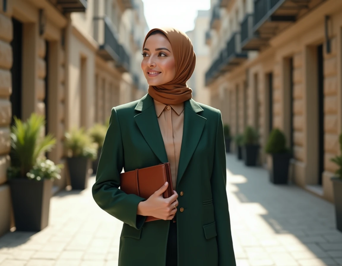 Femme en tenue modest fashion marchant dans une rue urbaine, illustrant la carrière de mannequin islamique en extérieur