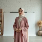 Jeune femme en abaya et hijab posant élégamment dans un studio de mode épuré pour un shooting modeste islamique